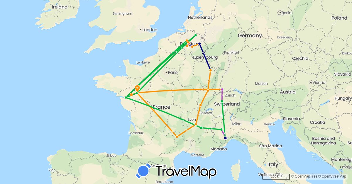 TravelMap itinerary: driving, bus, train, hiking, hitchhiking in Belgium, Switzerland, Germany, France, Italy (Europe)